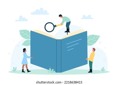 Business analysis, methodology and search of information vector illustration. Cartoon tiny people look through magnifying glass on open paper book to read, study and research data, specific problems