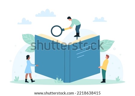 Business analysis, methodology and search of information vector illustration. Cartoon tiny people look through magnifying glass on open paper book to read, study and research data, specific problems