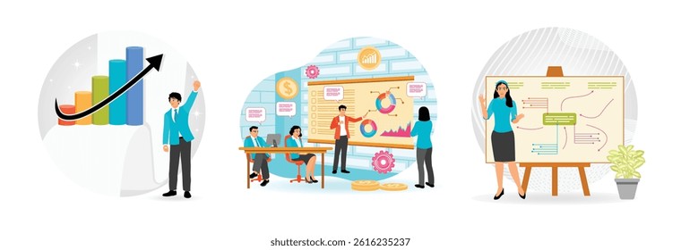 Business analysis in a modern  style.Professionals discussing financial and analytical data through charts and presentations, Presentation concept. Set flat vector illustration