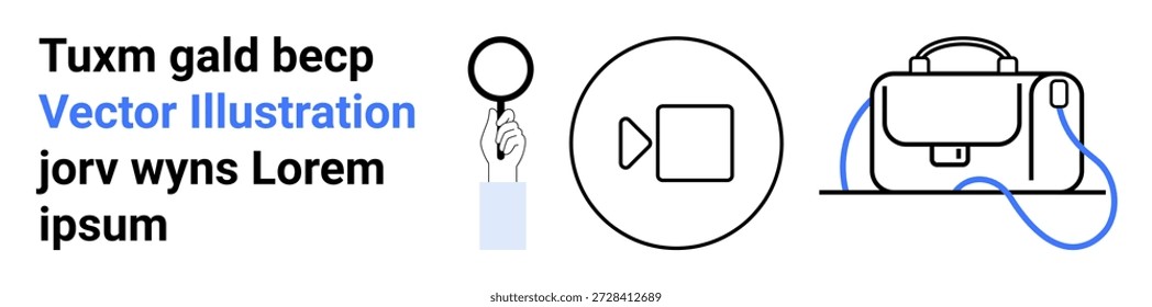 Unternehmensanalyse, Multimedia-Tools, Technologie, Forschung, Kommunikation, digitale Lösungen. Lupe, Videokamera und Aktenkoffer auf sauberem Hintergrund. Geschäftsanalyse und Multimedia