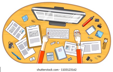 Business analysis, office worker or entrepreneur business woman working on a PC computer and papers with financial analytics, top view of work desk with stationery and documents and hands. Vector. 
