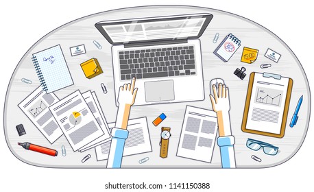 Business analysis, office worker or entrepreneur businessman working on a laptop computer and papers with financial analytics, top view of work desk with stationery and documents and hands. Vector. 