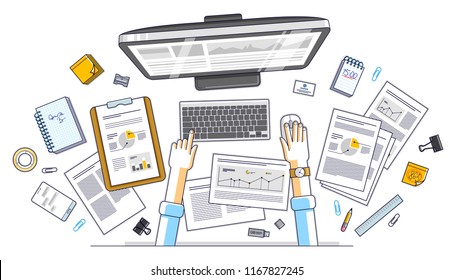 Business analysis, office worker or entrepreneur businessman working on a PC computer and papers with financial analytics, top view of work desk with stationery and documents and hands. Vector. 