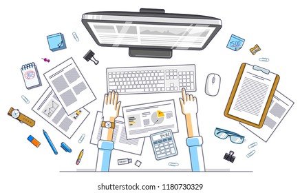 Business analysis, office worker or entrepreneur businessman working on a PC computer and papers with financial analytics, top view of work desk with stationery and documents and hands. Vector. 