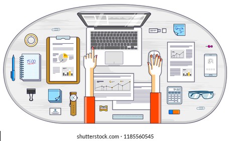 Business analysis, office worker or entrepreneur business woman working on a laptop computer and papers with financial analytics, top view of work desk with stationery and documents and hands. Vector.