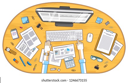 Business analysis, office worker or entrepreneur businessman working on a PC computer and papers with financial analytics, top view of work desk with stationery and documents and hands. Vector. 