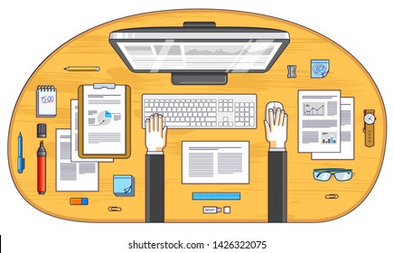 Business analysis, office worker or entrepreneur businessman working on a PC computer and papers with financial analytics, top view of work desk with stationery and documents and hands. Vector. 