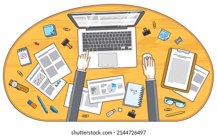 Business analysis, office worker or entrepreneur businessman working on a PC notebook and papers with financial analytics, top view of work desk with stationery and documents and hands. Vector. 