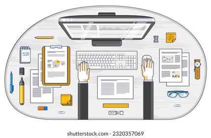 Business analysis, office worker or entrepreneur businessman working on a PC computer and papers with financial analytics, top view of work desk with stationery and documents and hands. Vector. 