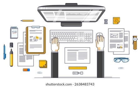 Business analysis, office worker or entrepreneur businessman working on a PC computer and papers with financial analytics, top view of work desk with stationery and documents and hands. Vector. 