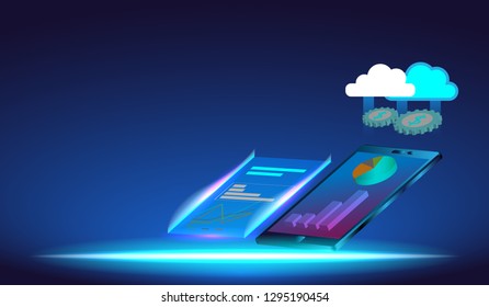 Business analysis on smartphone with  data making with bar graphs, diagrams and data transmission via cloud storage systems.