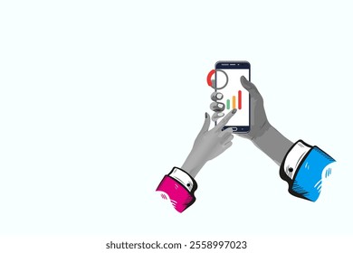 business analysis on smartphone. Hand holds phone. Market trend graphs statistics on screen. Collage Art Vector illustration