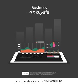 Business Analysis On Tablet Screen Concept. Analyzing Company Financial Report Balance With Digital Augmented Graphics. Vector Business Template Illustration 