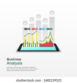 Business analysis on tablet screen concept. Analyzing company financial report balance with digital augmented graphics flat design. Vector business template illustration 