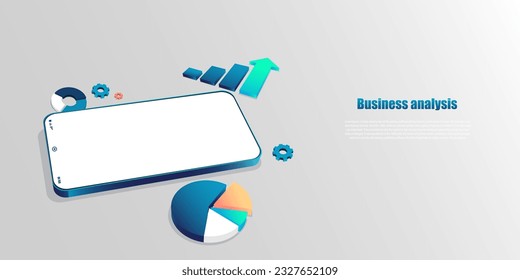 Business analysis online application on mobile. Dashboard app with business analytics data, charts, investment, trade and finance management. Vector illustration