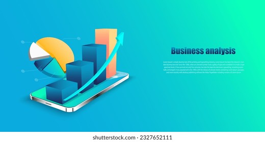 Business analysis online application on mobile. Dashboard app with business analytics data, charts, investment, trade and finance management. Vector illustration