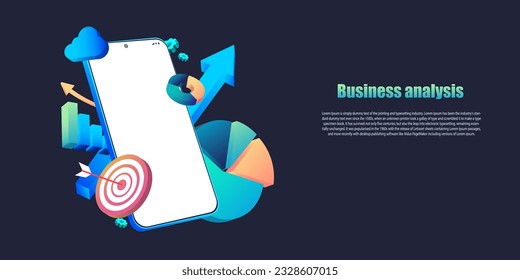 Business analysis online application on mobile. Dashboard app with business analytics data, charts, investment, trade and finance management. Vector illustration