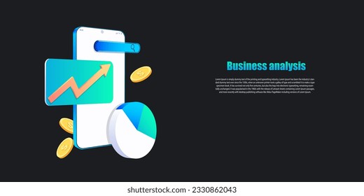 Business analysis online application on mobile. Dashboard app with business analytics data, charts, investment, trade and finance management. Vector illustration