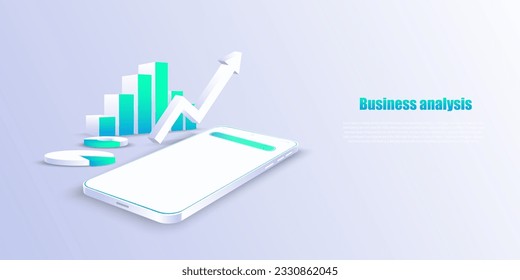 Aplicación online de análisis de negocio en móvil. Aplicación de tablero con datos de análisis de negocio, gráficos, inversión, comercio y administración de finanzas. Ilustración del vector