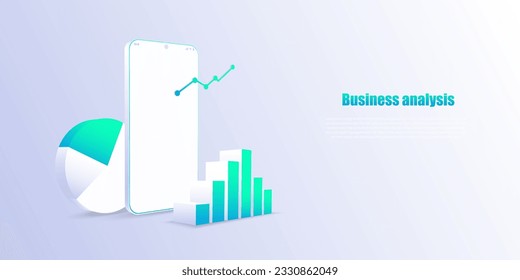 Business analysis online application on mobile. Dashboard app with business analytics data, charts, investment, trade and finance management. Vector illustration