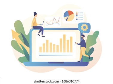 Business analysis online. Data analytics consept. Tiny people are studying the infographic. Modern flat cartoon style. Vector illustration on white background