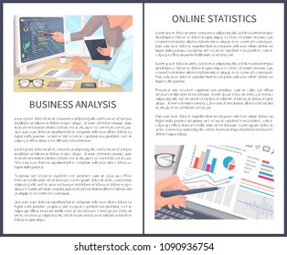 Business analysis and online statistics posters. People in front of open graphics at computer screen banners with sample texts vector illustrations.