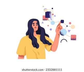 Business analysis, organization and education process concept. Person pointing on abstract system, shapes, connections. Information and work flow. Flat vector illustration isolated on white background