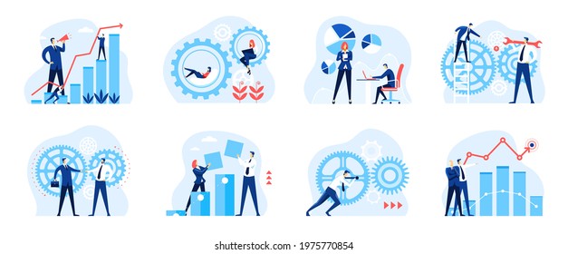 Business analysis. People with gears, diagrams, pie charts. Business mechanism, workflow company organization, partnership concept vector set. Employees working in team, successful management