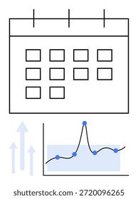 Business analysis, productivity planning, data visualization, market research, forecasting, strategy development. Calendar with grid layout and analytics graph with data points. Business analysis