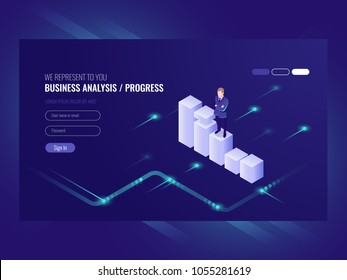 Business analysis and progress concpet, businessman, schedule of data, strategy isometric, chart moves up, vector ultraviolet Business analysis and progress concpet, businessman, schedule of data, strategy isometric, chart moves up, vector ultraviolet