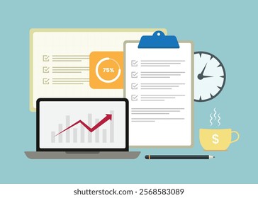 Business analysis and progress report presentation simple flat illustration design