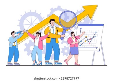 Business analysis, project start up, rise the career to success concept. Group of people characters are thinking over an idea. Outline design style minimal vector illustration for landing page.