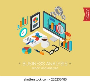 Business analysis report and analyze flat 3d isometric pixel art modern design concept vector icons composition collage. Web banners illustration website click infographics.
