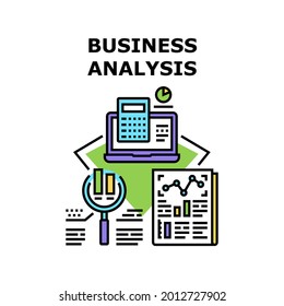Business Analysis Report Vector Icon Concept. Business Analysis Report And Calculating Financial Audit, Counting Profit With Digital Calculator On Laptop And Research Diagram Color Illustration