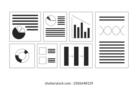 Business analysis reports black and white 2D line objects set. Graphs charts papers isolated vector outline items collection. Corporate growth. Data analytics monochromatic flat spot illustrations