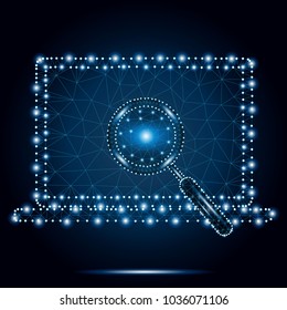 Business analysis or review low poly illustration with laptop and abstract infographic elements with polygonal magnifier. Wireframe polygon concept, dots, lines. Isolated on blue sky background.