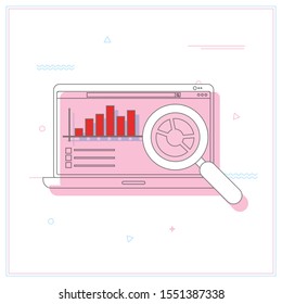 Business analysis or review vector illustration with laptop and abstract info graphic elements with magnifier on white background.