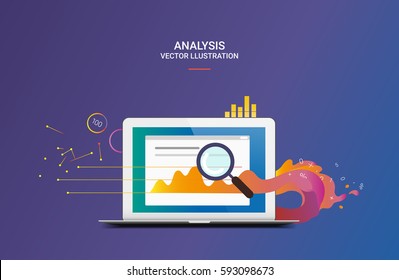 Business Analysis Or Review Vector Illustration With Laptop And Abstract Infographic Elements With Magnifier On Dark Blue Gradient Background