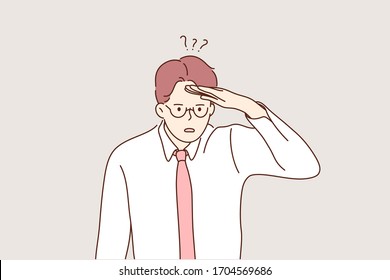 Business analysis, search, question, perplexity concept. Young perplexed questioned businessman boy office clerk or manager illustration. Searching for solution or idea, business analysis cartoon flat