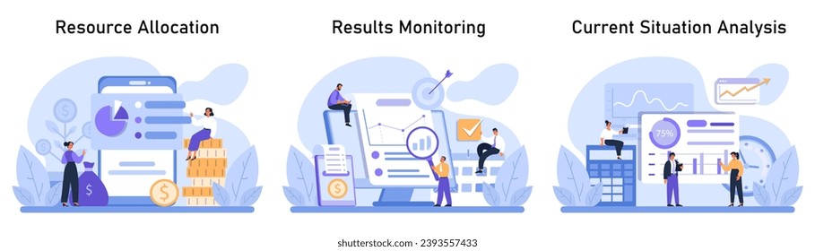 Business Analysis set. Teams navigating financial growth, monitoring performance, and evaluating current market trends. Resource allocation, results tracking, current situation assessment. Flat vector