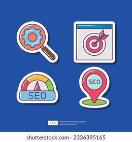 Business analysis and Setting with magnifying glass gear, ads target, Internet speed performance measurement, local SEO. Search Engine Optimization and internet marketing advertising sticker icon set