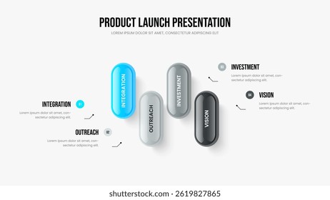 Business Analysis Slideshow Design Vector Illustration. Market Overview Four Option Diagram Slide Layout. Service Showcase 4 Step Infographic Presentation Template.
