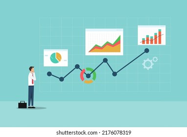 Análisis de negocio y diseño de concepto estadístico. Empresario analizando datos estadísticos con el símbolo gráfico y gráfico