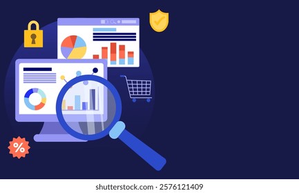 Business analysis and statistics concept with magnifying glass showing charts on computer screen, shopping cart, security and percentage icons