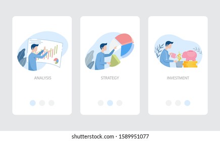 Business analysis, strategy and investment illustration for onboarding screens user interface kit for mobile app . Modern user interface UX, UI screen template for mobile phone or web site. 