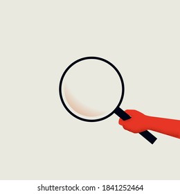 Business analysis, strategy, planning vector concept. Hand holding giant magnifying glass. Minimal art style. Eps10 illustration.