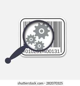 Business Analysis Symbol Concept with Magnifying Glass Icon, Gears and Barcode