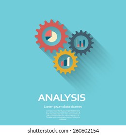 Business Analysis symbol with gears icon and pie chart, graphs. Long shadow flat design. Eps10 vector illustration.