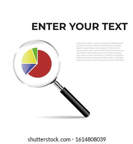Business Analysis symbol with magnifying glass icon and pie chart. Magnifying glass in realistic style.  Auditing tax, financial market analysis, seo, financial report.