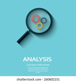 Business Analysis symbol with magnifying glass icon and gears. Long shadow flat design. Eps10 vector illustration.